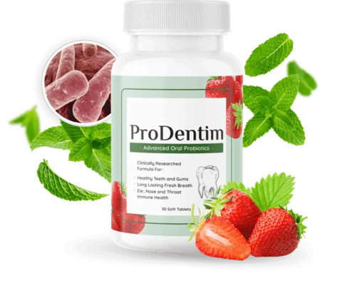 ProDentim oral probiotic bottle with strawberries and mint