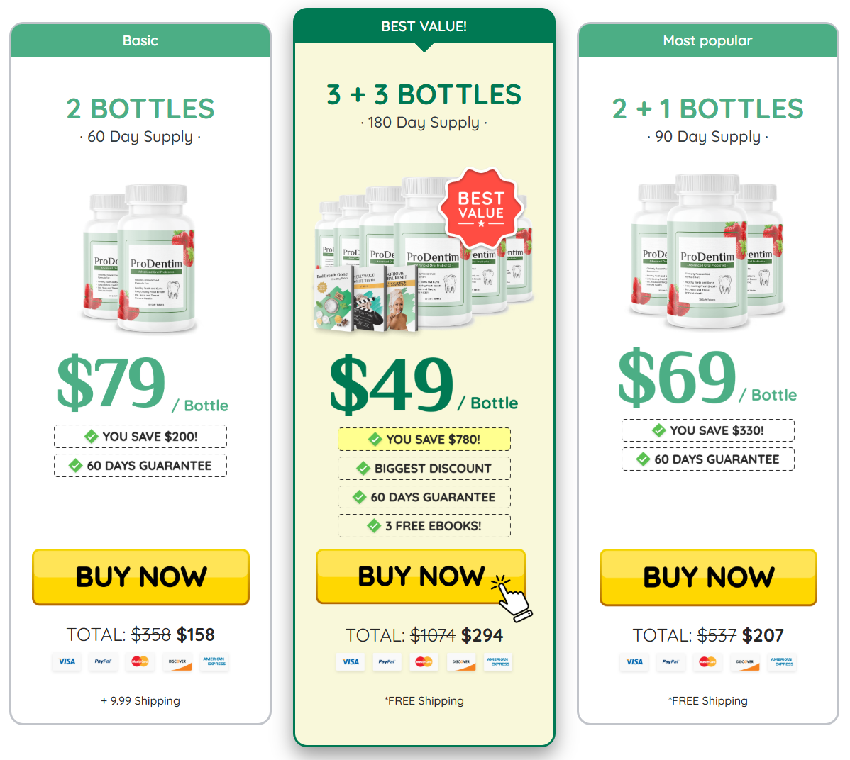 ProDentim 1, 3, and 6 bottle package options